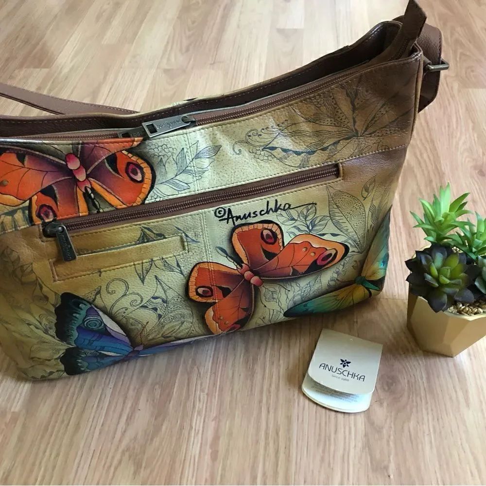 NWT ANUSCHKA India Hand-Painted Leather Butterfly Purse Shoulder Bag